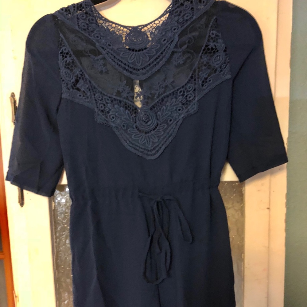NWOT navy blue crochet and chiffon romper - Picture 4 of 5